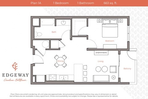 Floor plan for 1 bed, 1 bath, 652 sqft