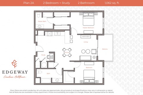 Floor plan for 2 beds, 2 baths, 1062 sqft