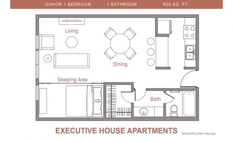Floor plan for 1 bed, 1 bath, 600 sqft