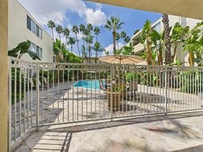 Northridge apartment for rent - A pool surrounded by a metal fence with a palm tree in the background.