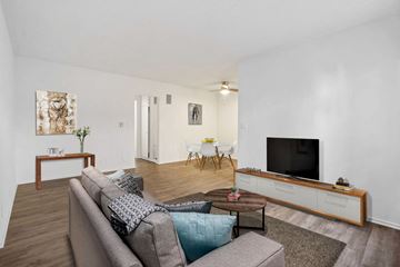 Los Angeles apartment for rent - A living room with a grey couch and a television.