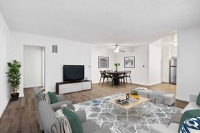 Los Angeles apartment for rent - A living room with a grey sofa, a coffee table, and a television.