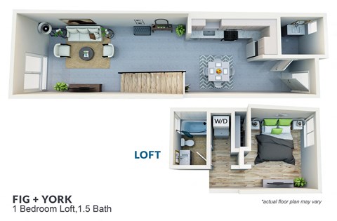 Floor plan for 1 bed, 1.5 baths, 744 sqft