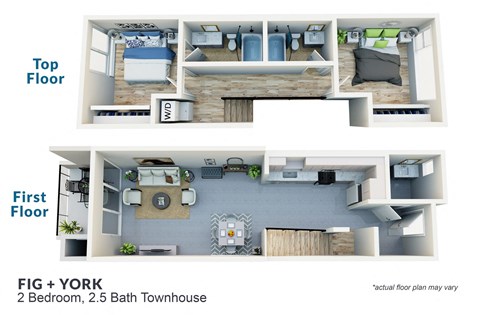 Floor plan for 2 beds, 2.5 baths, 1034 sqft