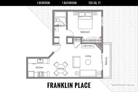 Floor plan for 1 bed, 1 bath, 750 sqft