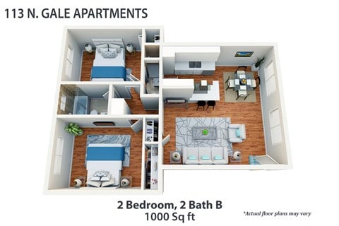 Floor plan for 2 beds, 2 baths, 1000 sqft