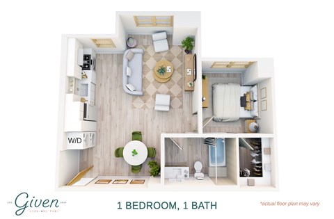 Floor plan for 1 bed, 1 bath, 636 sqft