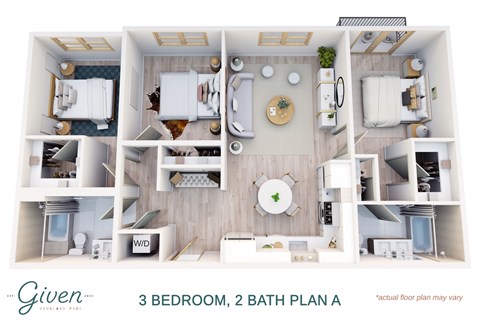 Floor plan for 3 beds, 2 baths, 1271 sqft
