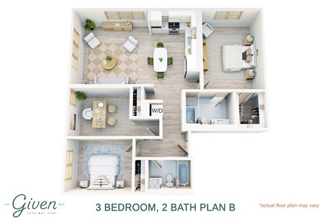 Floor plan for 3 beds, 2 baths, 1353 sqft
