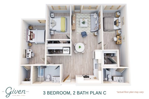 Floor plan for 3 beds, 2 baths, 1134 sqft