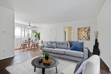 Los Angeles apartment for rent - A living room with a grey couch and a coffee table.