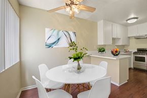 Torrance apartment for rent - Dining area with ceiliing fan and kitchen on the right