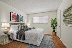 Los Angeles apartment for rent - A bedroom with a bed, pillows, a lamp, a potted plant, and pictures on the wall.