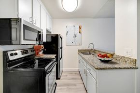 Northridge apartment for rent - a kitchen with stainless steel appliances and granite counter tops