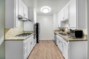 Valley Village apartment for rent - an empty kitchen with white cabinets and a counter top