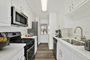 Northridge apartment for rent - a kitchen with a sink and a stove and a microwave