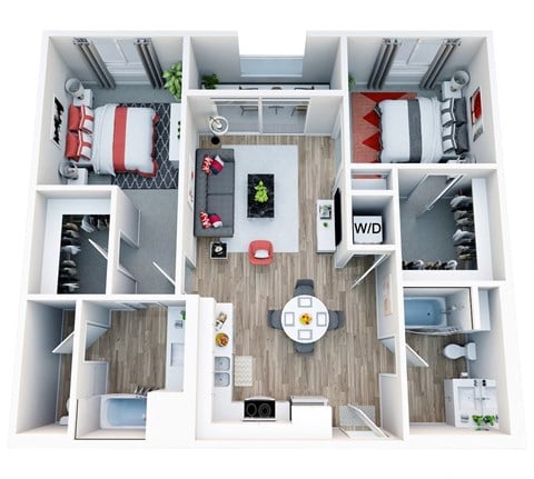 Floor plan for 2 beds, 2 baths, 1043 sqft