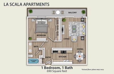 Floor plan for 1 bed, 1 bath, 690 sqft