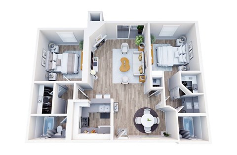 Floor plan for 2 beds, 2 baths, 989 sqft