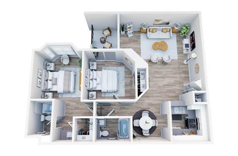 Floor plan for 2 beds, 2 baths, 980 sqft
