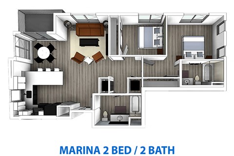 Floor plan for 2 beds, 2 baths, 1028 sqft