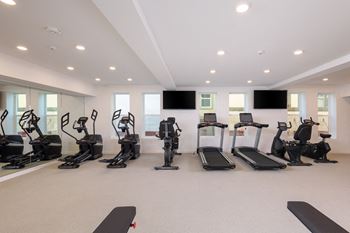 “The gym” – fitness center with cardio equipment, free weights, and dedicated stretching/yoga area