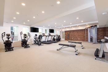 “The gym” – fitness center with cardio equipment, free weights, and dedicated stretching/yoga area