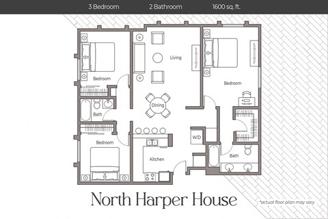 Floor plan for 3 beds, 2 baths, 1600 sqft