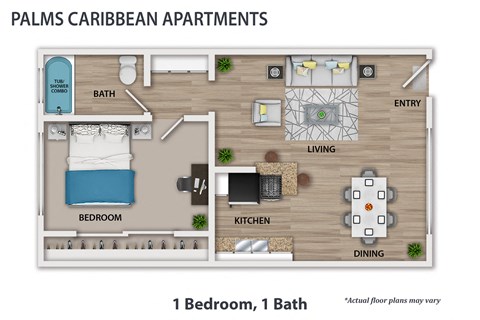 Floor plan for 1 bed, 1 bath, 550 sqft