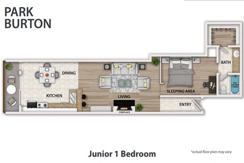 Floor plan for 1 bed, 1 bath, 707 sqft