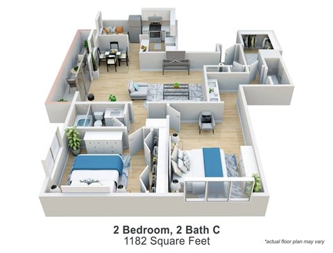 Floor plan for 2 beds, 2 baths, 1182 sqft