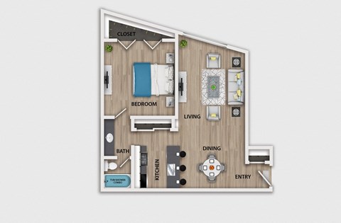 Floor plan for 1 bed, 1 bath, 750 sqft