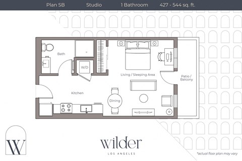 Floor plan for studio, 1 bath, 544 sqft