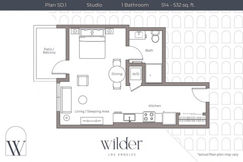 Floor plan for studio, 1 bath, 524 sqft