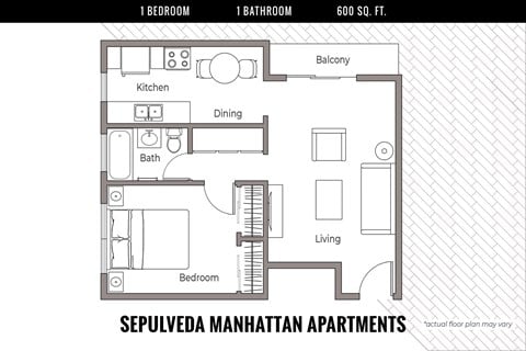 Floor plan for 1 bed, 1 bath, 600 sqft