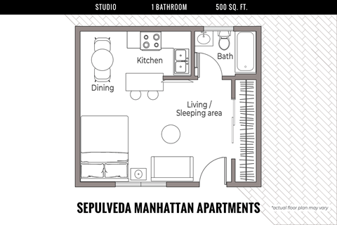 Floor plan for studio, 1 bath, 500 sqft