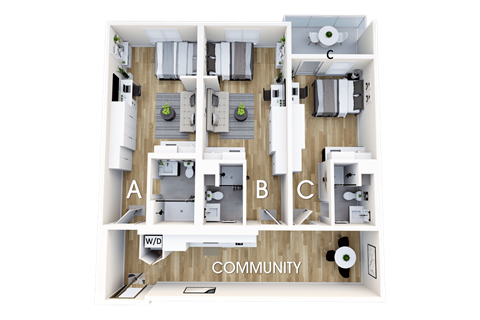 Floor plan for 1 bed, 1 bath, 442 sqft