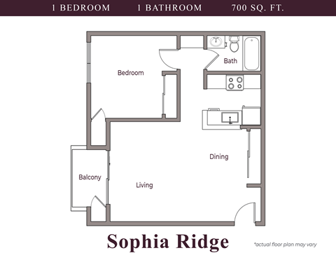 Floor plan for 1 bed, 1 bath, 700 sqft