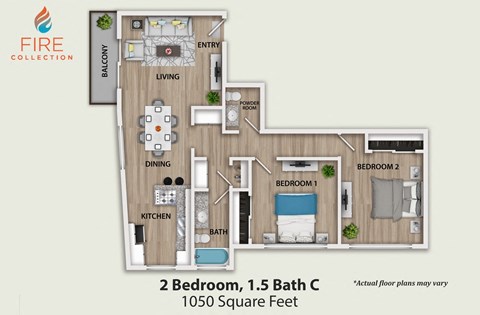Floor plan for 2 beds, 1.5 baths, 1050 sqft