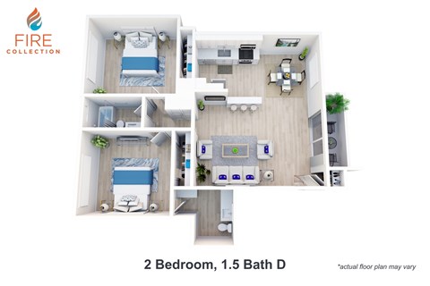Floor plan for 2 beds, 1.5 baths, 1050 sqft