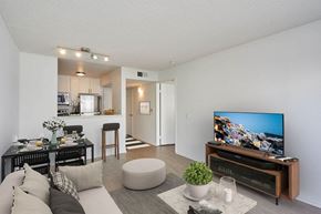 Los Angeles apartment for rent - A living room with a flat screen TV on a wooden stand.