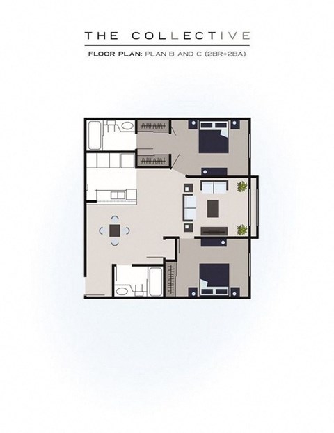Floor plan for 2 beds, 2 baths, 907 sqft