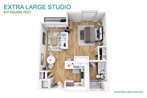Floor plan for studio, 1 bath, 674 sqft