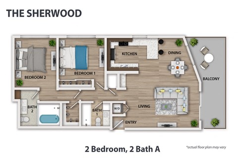 Floor plan for 2 beds, 2 baths, 1250 sqft
