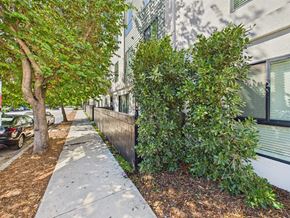 Los Angeles apartment for rent - A tree and shrubbery line a sidewalk in front of a building.