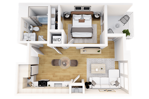 Floor plan for 1 bed, 1 bath, 590 sqft