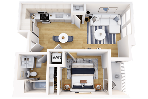 Floor plan for 1 bed, 1 bath, 709 sqft