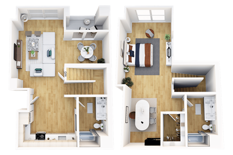 Floor plan for 1 bed, 2 baths, 1387 sqft