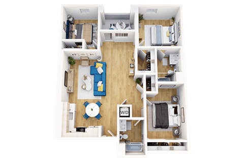 Floor plan for 3 beds, 2 baths, 1284 sqft