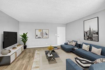 North Hollywood apartment for rent - A living room with a blue couch and a television.